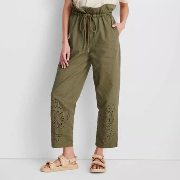 NEW FUTURE COLLECTIVE High Waisted Eyelet Pants Olive Green Size 00 Drawstring - Picture 1 of 11